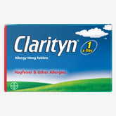 Clarityn - Allergy Tablets - 7 Pack offers relief from hay fever and other allergies, with each 10mg tablet ensuring effective sneezing prevention with just one daily dose. The packaging features a prominent "1 a Day" symbol.